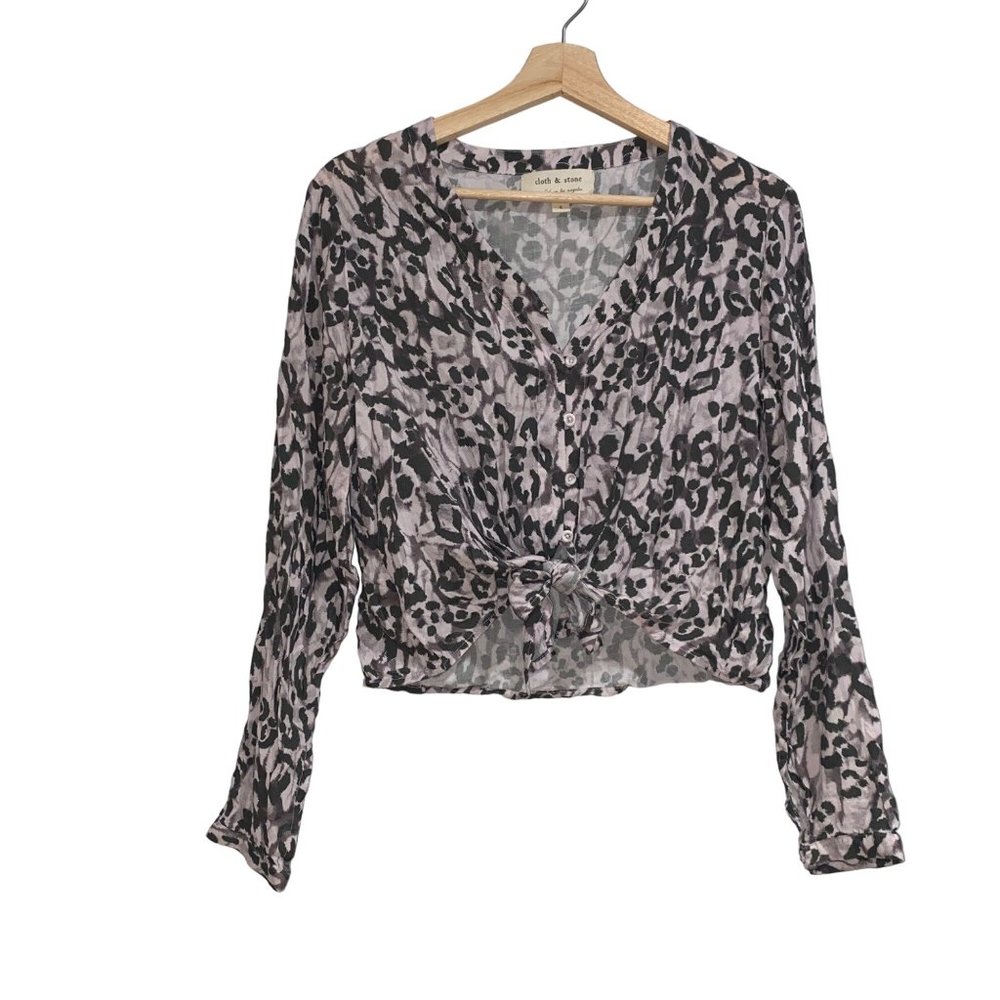 Cloth and Stone Front Tie Cropped Blouse Leopard Small Animal Print Womens Cute